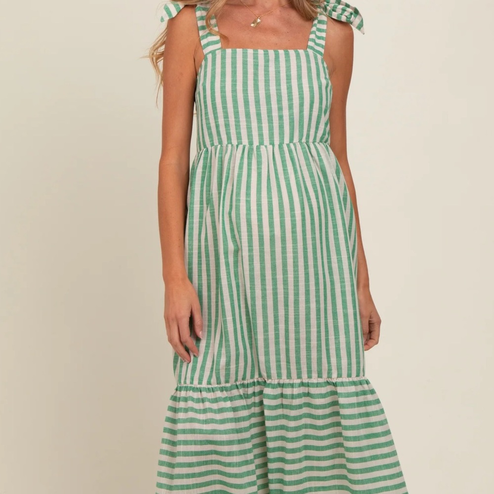 Pinkblush Maternity Green and White Striped Linen Midi Dress